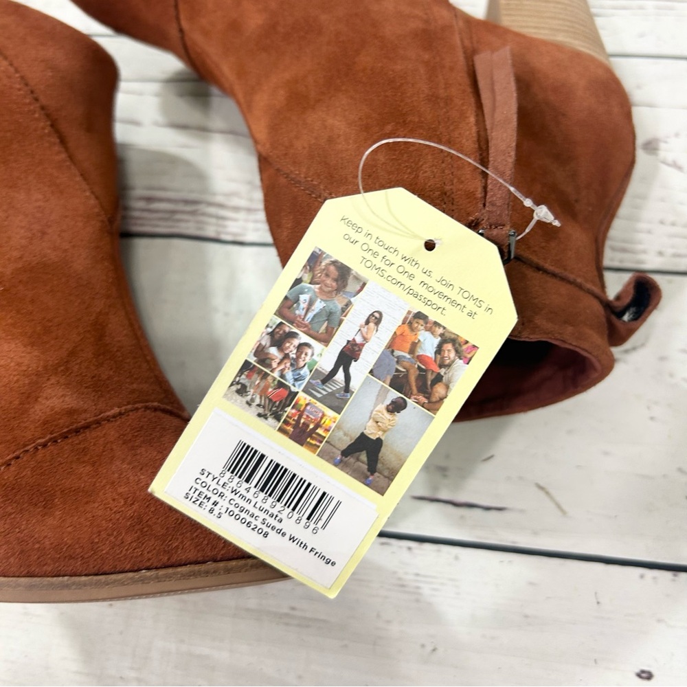 toms lunata western boho cognac fringe ankle suede booties nwt - Picture 7 of 9
